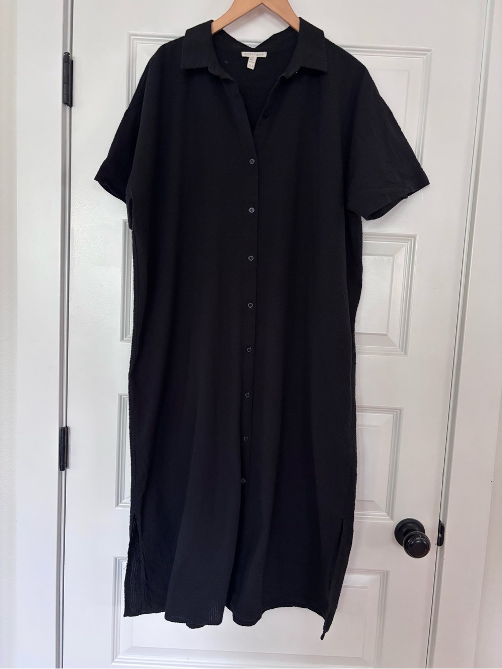 Eileen Fisher organic cotton Black Button-Front Midi Shirt Dress - Picture 2 of 5